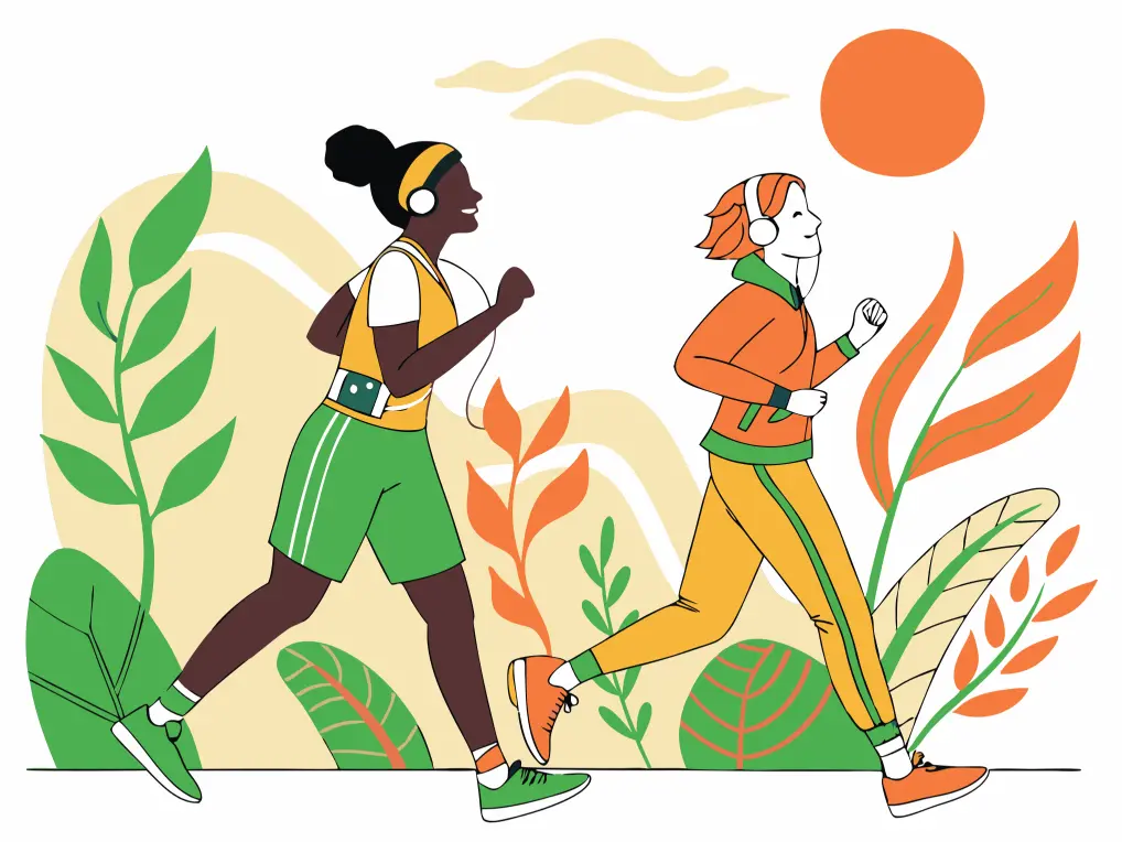 Two energetic people are running.