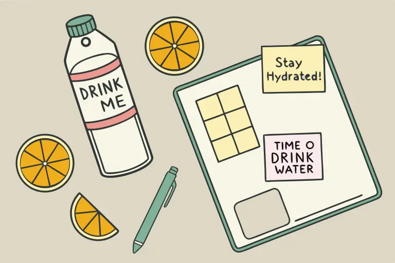 Desk hydration setup with water bottle, reminders, and fruit-infused water