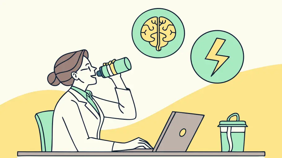 A professional drinking water at a desk, showcasing benefits of hydration for energy boost and workplace focus
