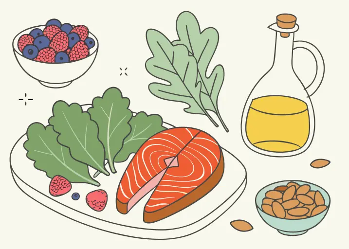 Healthy anti-inflammatory foods like berries, salmon, greens, and olive oil.