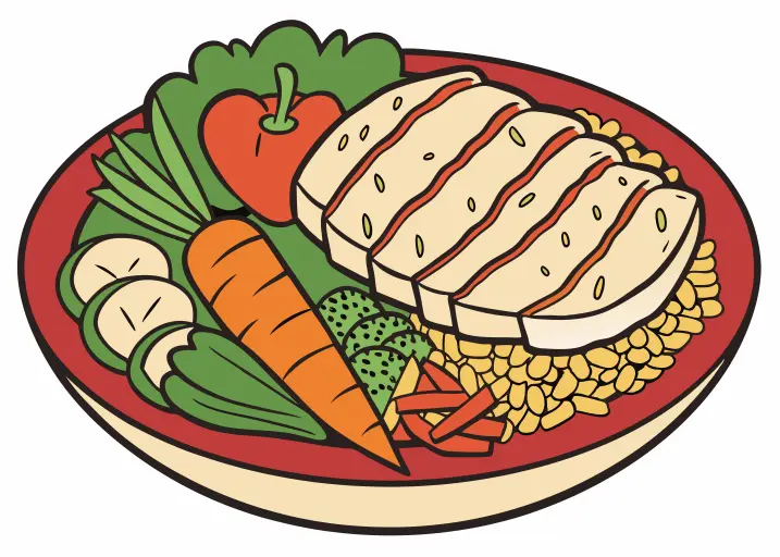 Plate with whole grains, lean protein, fruits, and vegetables for sustained energy