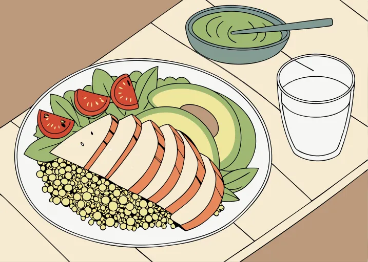 Healthy plate with carbs, proteins, and fats