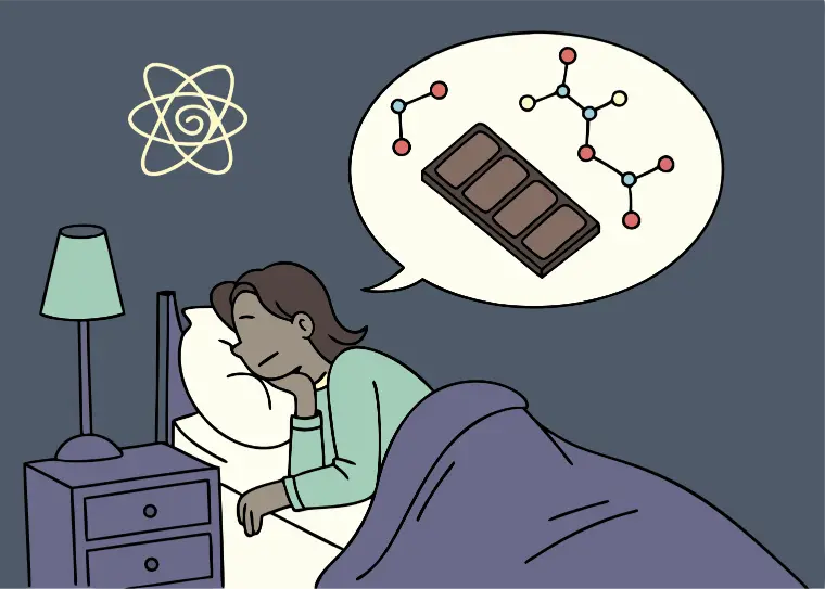 Chocolate bar with caffeine and sugar disrupting sleep shown with restless person in bed