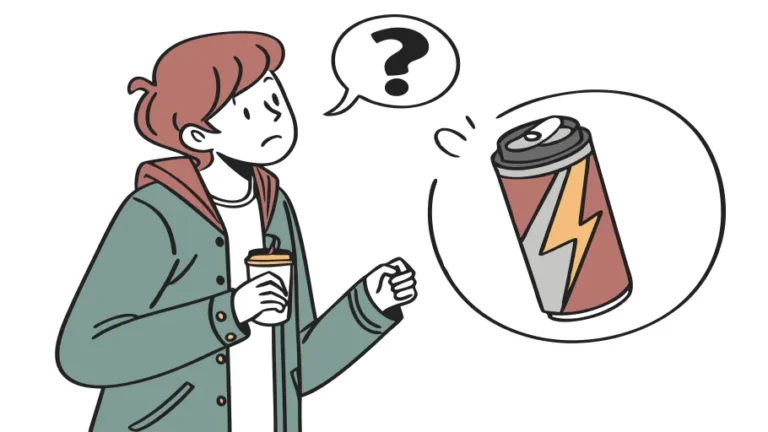 Man choosing between coffee and energy drink for energy boost