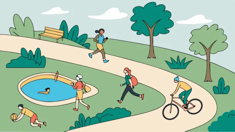 People doing swimming, walking, and yoga for stamina