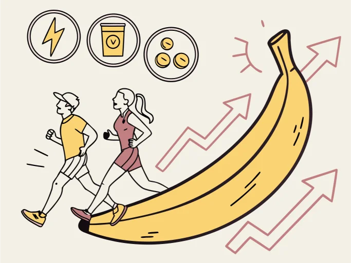 A banana with potassium icons and energy arrows.