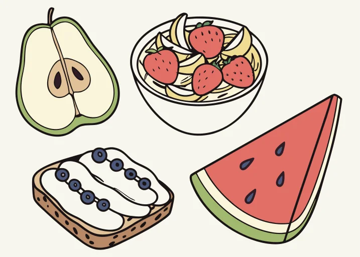 Vector of five fruit-based snacks like apple with almond butter and yogurt with berries.