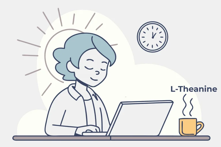 A calm person drinking tea with focus-enhancing benefits of L-theanine.