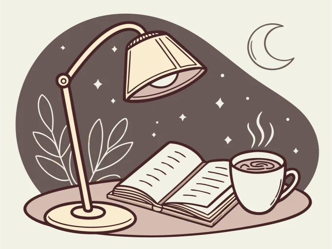 Relaxing bedtime ritual with tea, dim lights, and calm atmosphere.