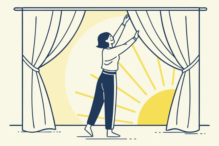 Vector illustration of person opening curtains to morning sunlight for energy and better sleep