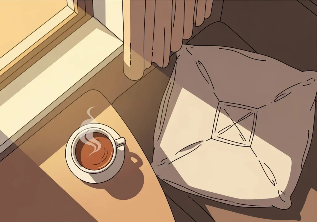 Peaceful morning setup with tea, sunlight, and meditation cushion