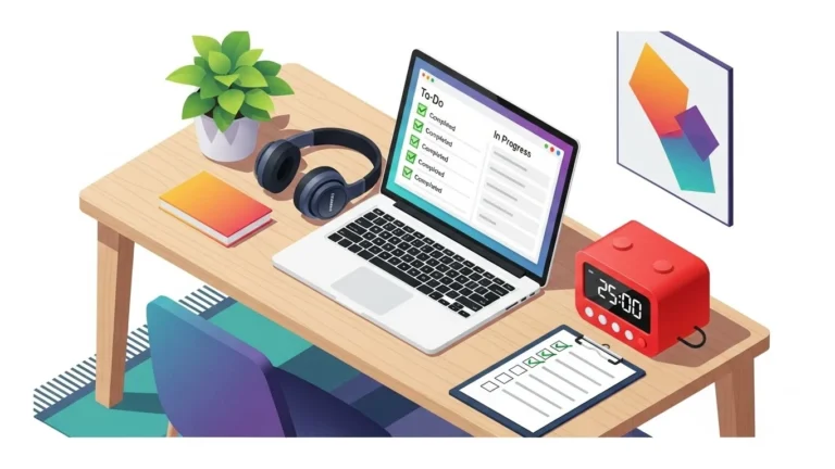 A home office workflow with a Pomodoro timer , digital task board , and noise-canceling headphones.