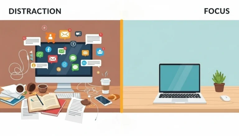Vector illustration showing a side-by-side comparison of a cluttered desk (distraction) and a clean, minimalist desk (focus).