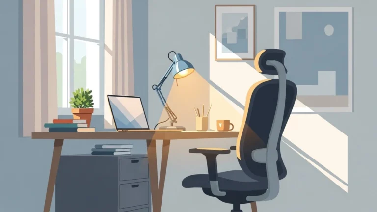 Minimalist illustration of productive home workspace with focus on light and ergonomics.